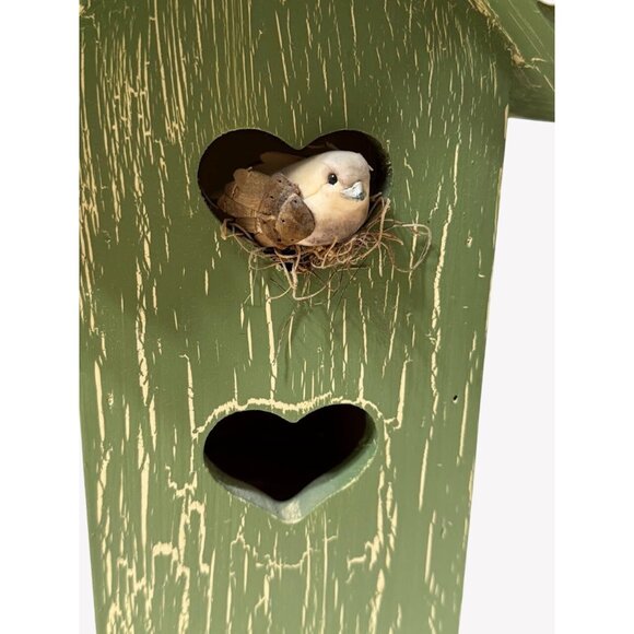 Vintage Handcrafted Wooden Birdhouse With Heart Cutouts Button Adorned Roof - Picture 3 of 10